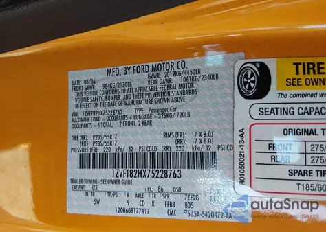 2007 Ford Mustang Gt Deluxe/Gt Premium z USA, uszkodzony, nr VIN 1ZVFT82HX75228763